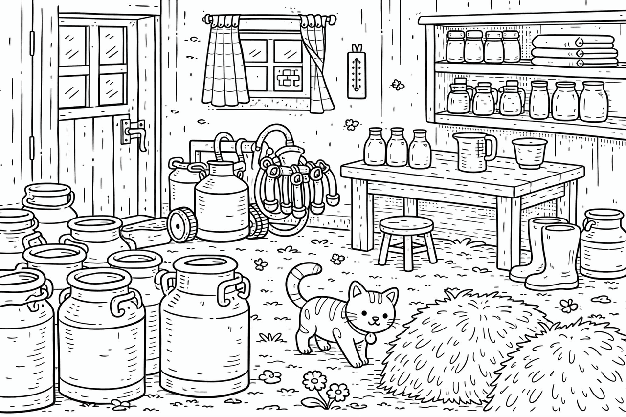 Milchraum mit Katze und Utensilien - Ausmalbild