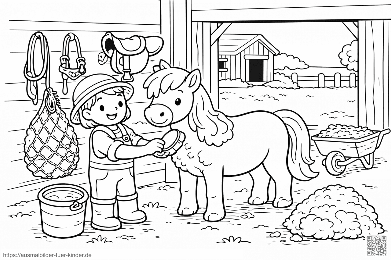 Bäuerin bürstet Pony im Stall - Ausmalbild