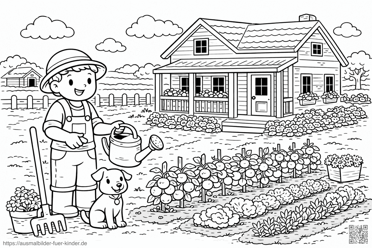 Bauer im Garten mit Hund - Ausmalbild