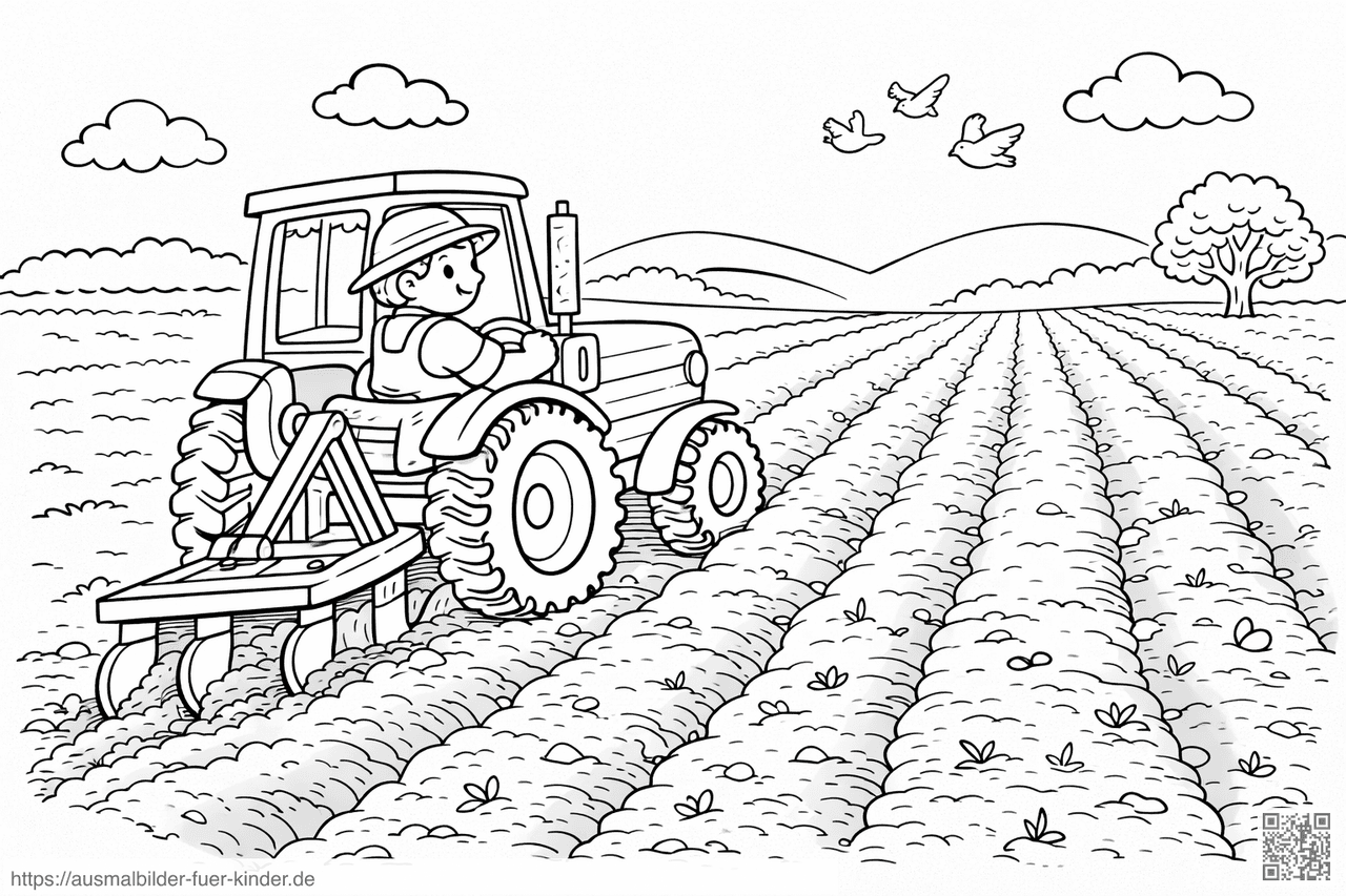 Bauer pflügt das Feld mit Traktor - Ausmalbild