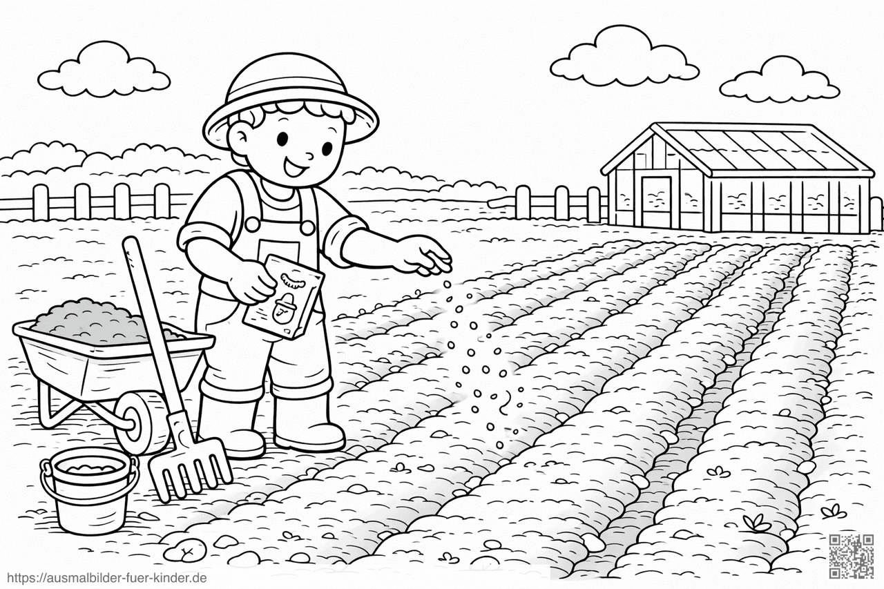 Bauer sät Samen im Garten - Ausmalbild