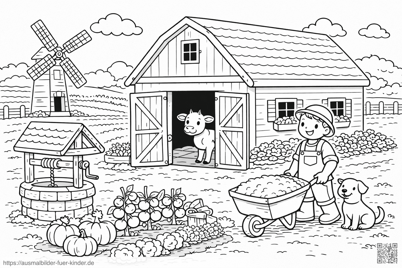 Bauernhof mit Windmühle und Tieren - Ausmalbild