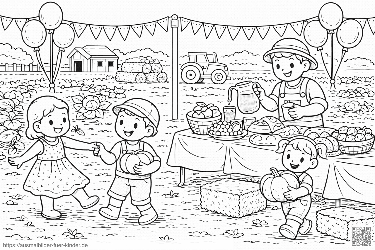 Bauernhoffest mit tanzenden Kindern - Ausmalbild