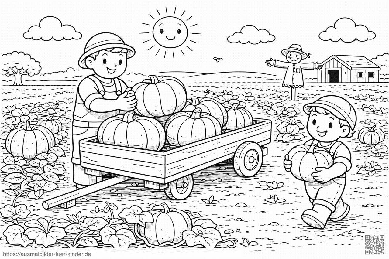 Erntezeit im Kürbisfeld - Ausmalbild Erntezeit im Kürbisfeld - Ausmalbild