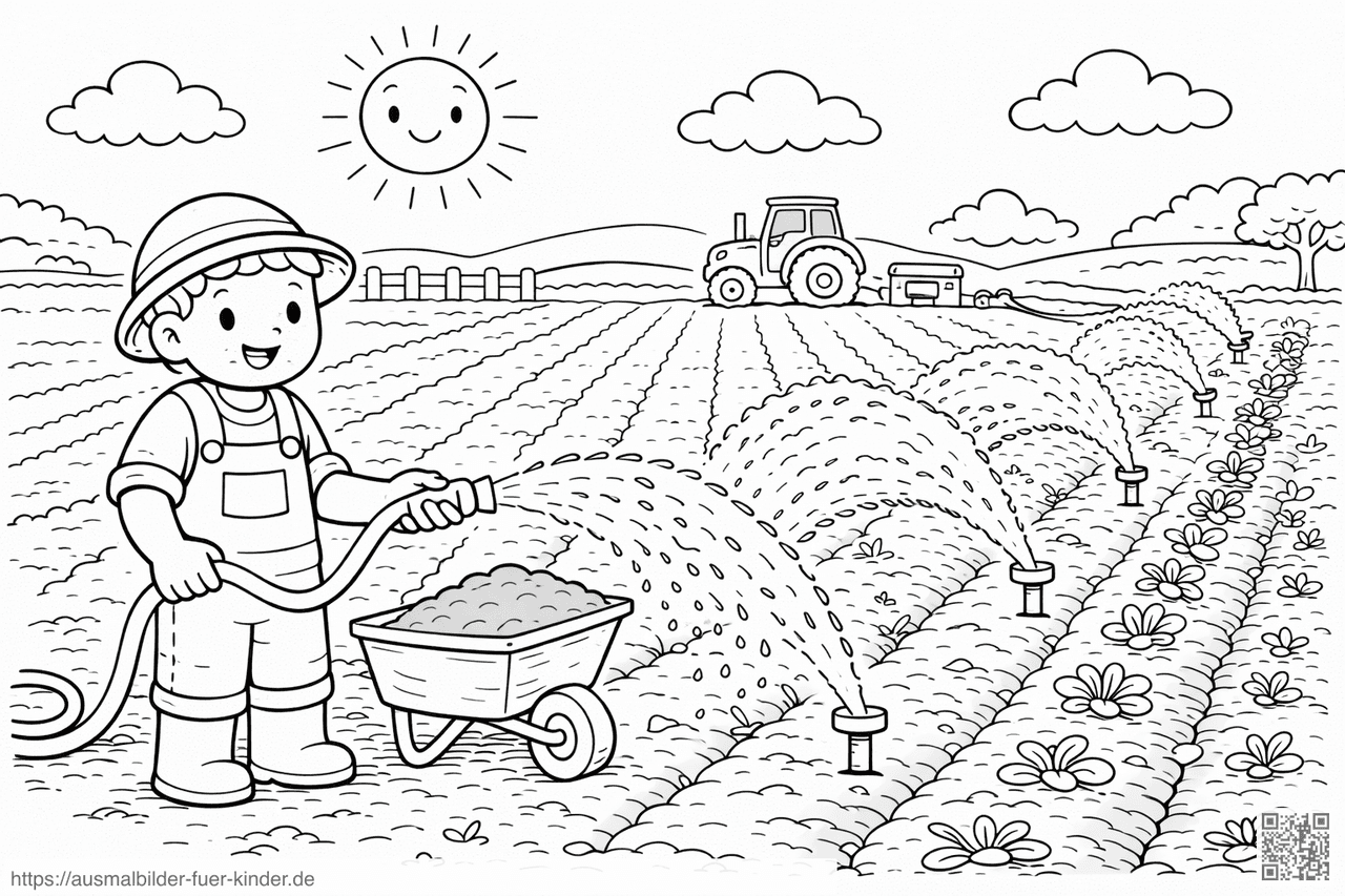 Farmer bewässert seine Felder - Ausmalbild