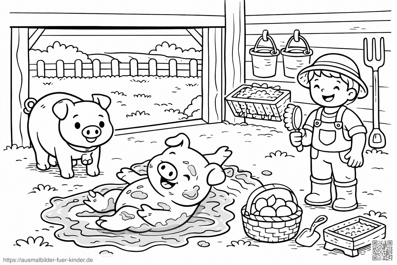 Fröhliche Schweine im Stall - Ausmalbild