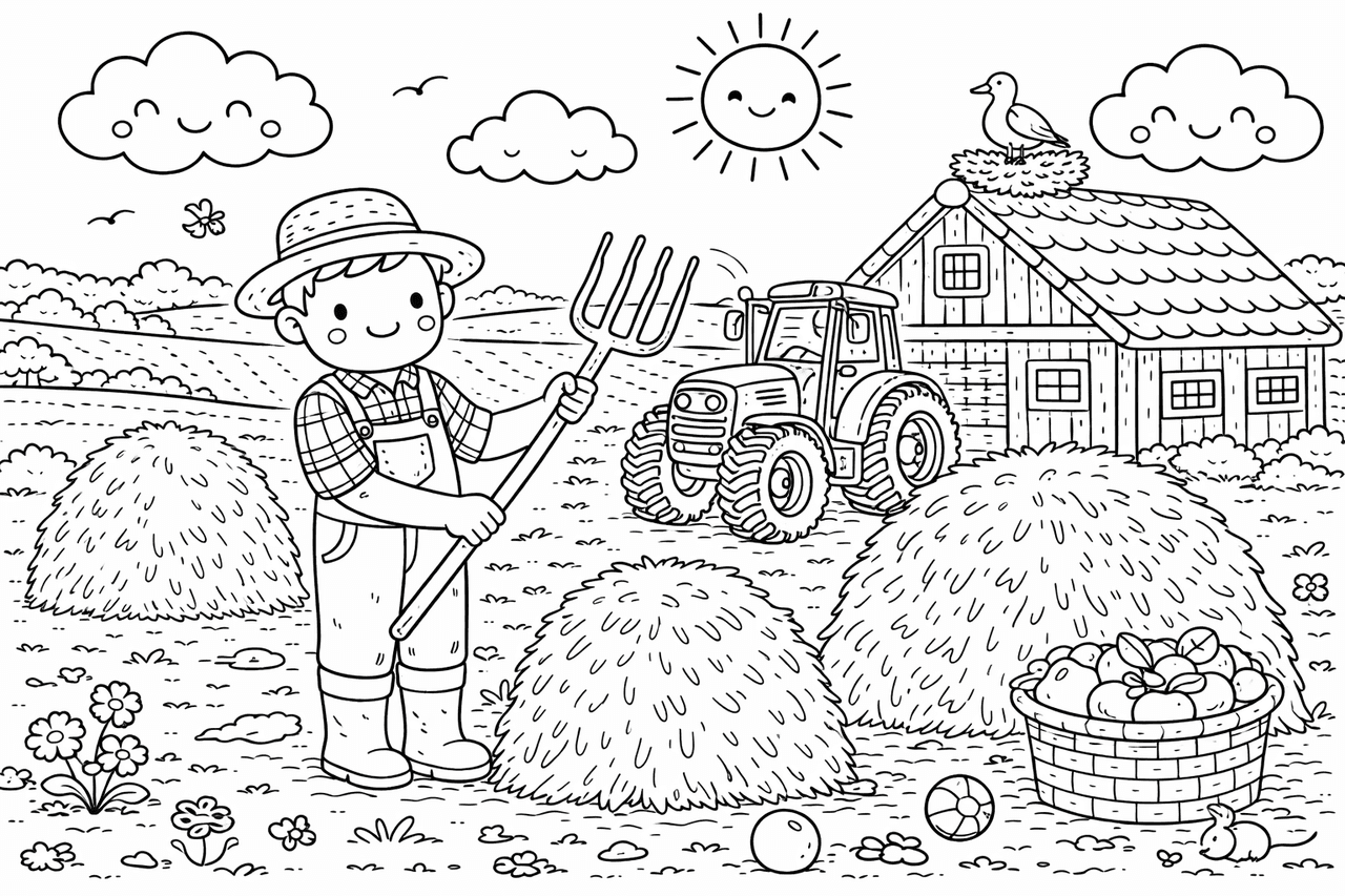 Fröhlicher Bauer bei der Heuernte - Ausmalbild