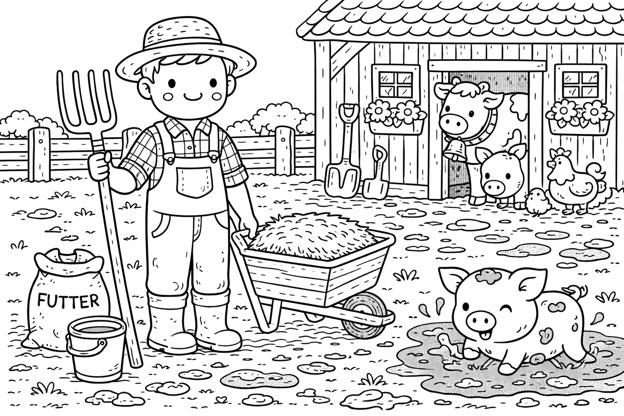 Freundlicher Bauer und Tiere im Hof - Ausmalbild