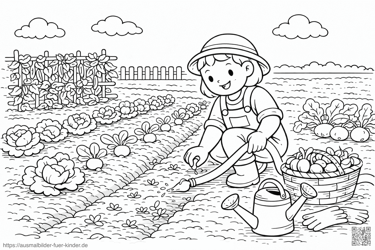 Gärtnerin pflegt ihren Gemüsegarten - Ausmalbild