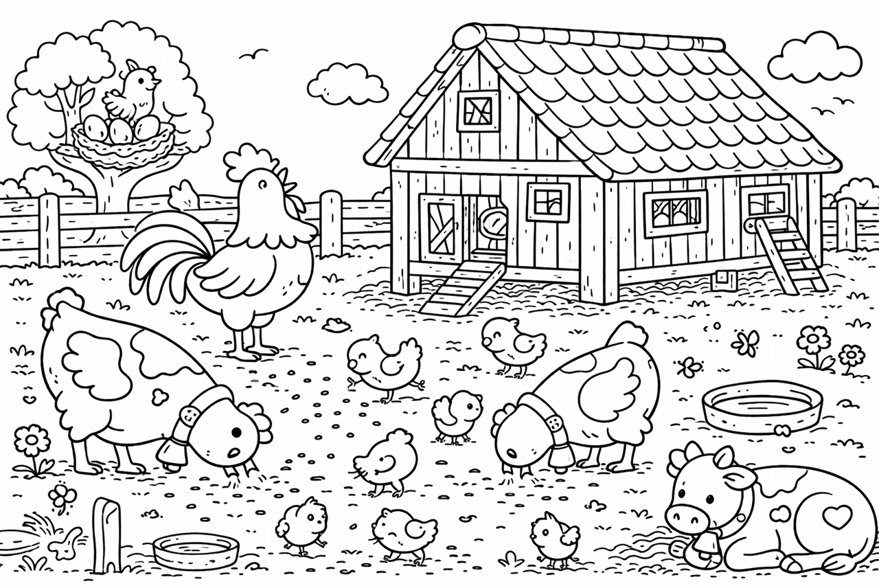Hühnerhof im Sonnenschein - Ausmalbild