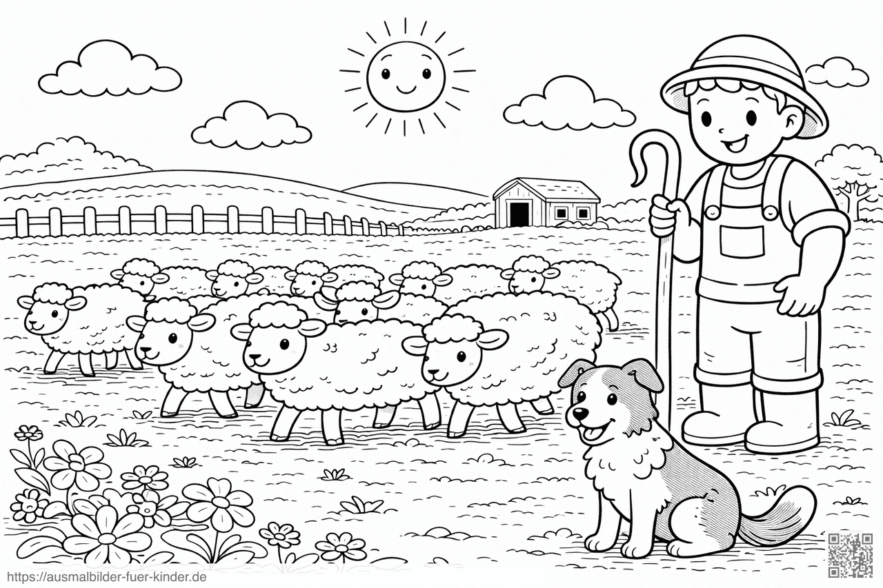 Hirte mit Schafherde im Grünen - Ausmalbild