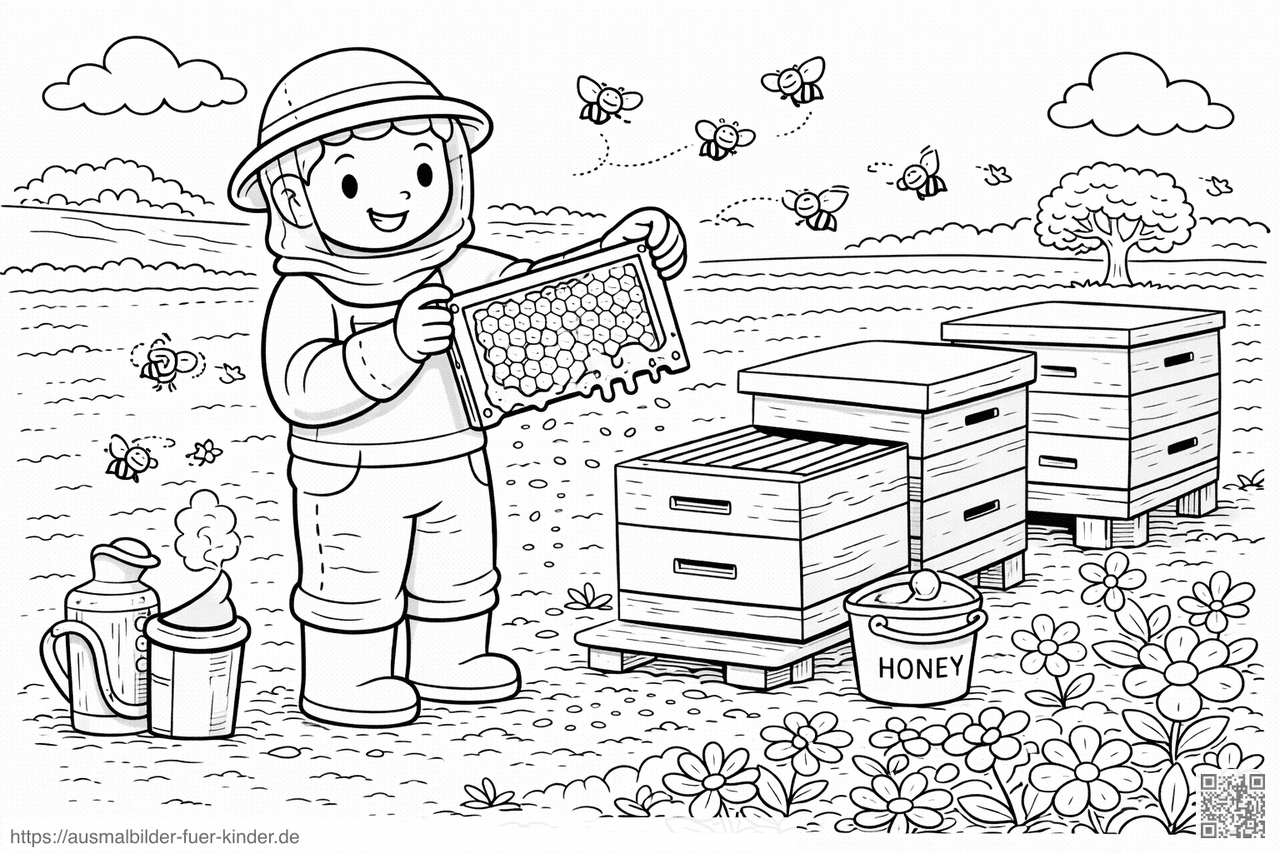 Imker bei der Arbeit im Garten - Ausmalbild