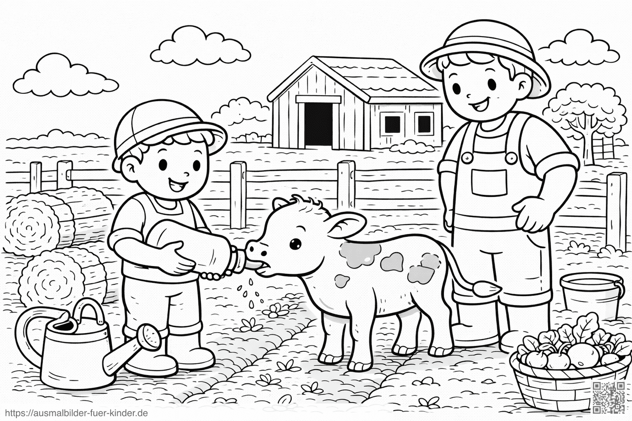 Junge füttert Kälbchen auf dem Bauernhof - Ausmalbild