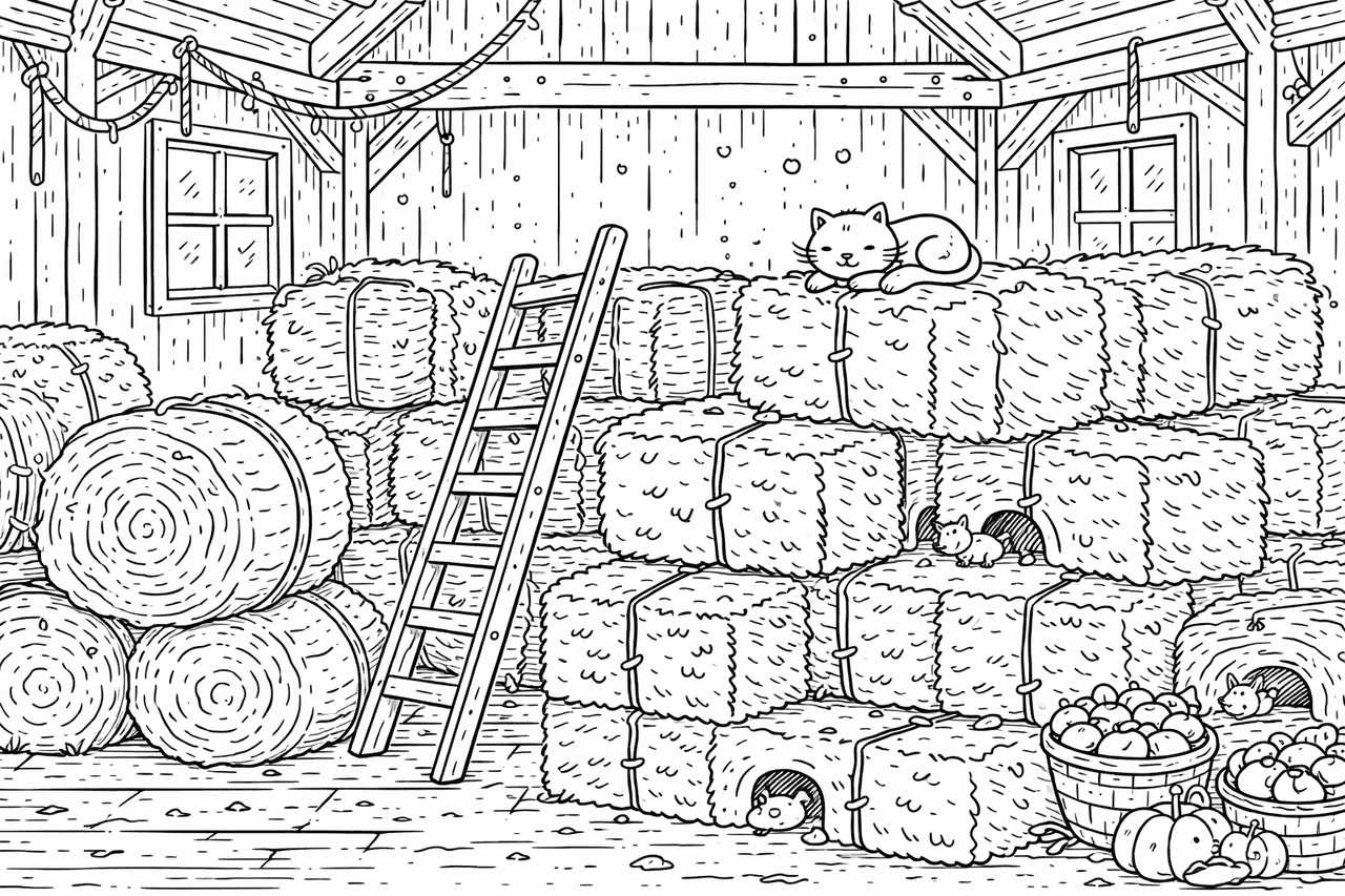 Katzen und Mäuse im Heuboden - Ausmalbild