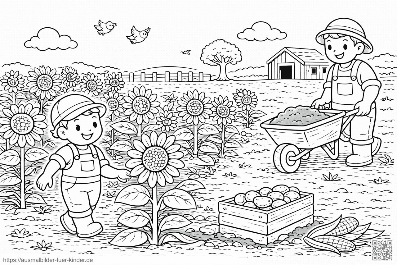 Kind im Sonnenblumenfeld mit Bauer - Ausmalbild