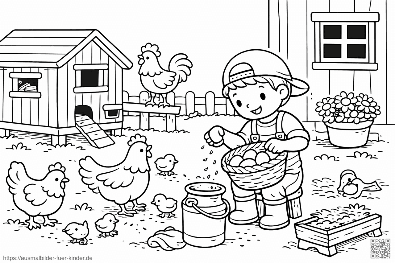 Kinder sammeln Eier im Hühnerstall - Ausmalbild