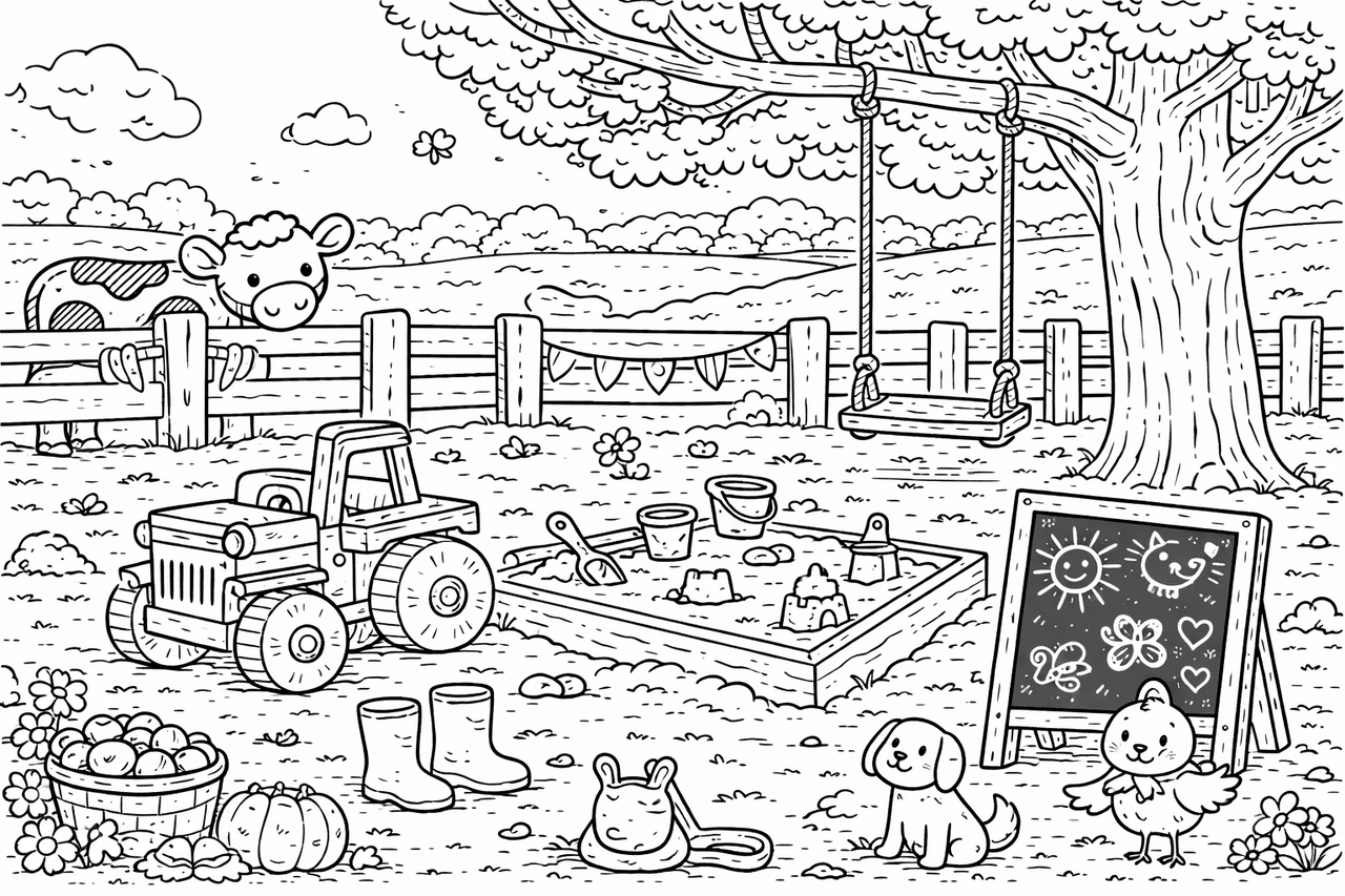 Kinder-Spielbereich auf dem Bauernhof - Ausmalbild
