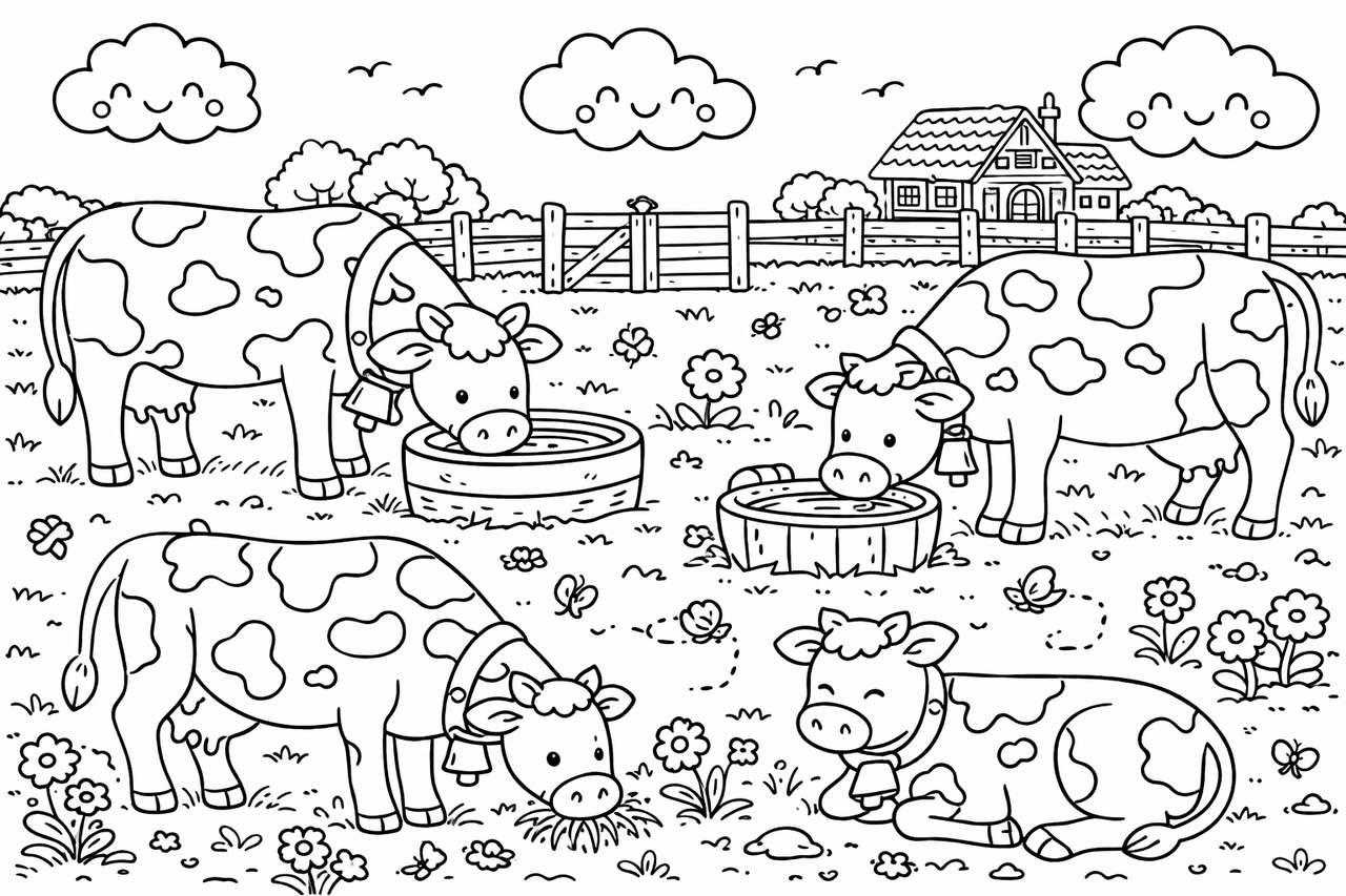 Kuhherde im malerischen Landschaftsbild - Ausmalbild