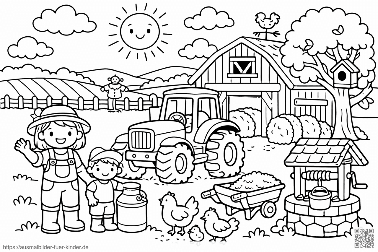 Ländliches Leben auf dem Bauernhof - Ausmalbild