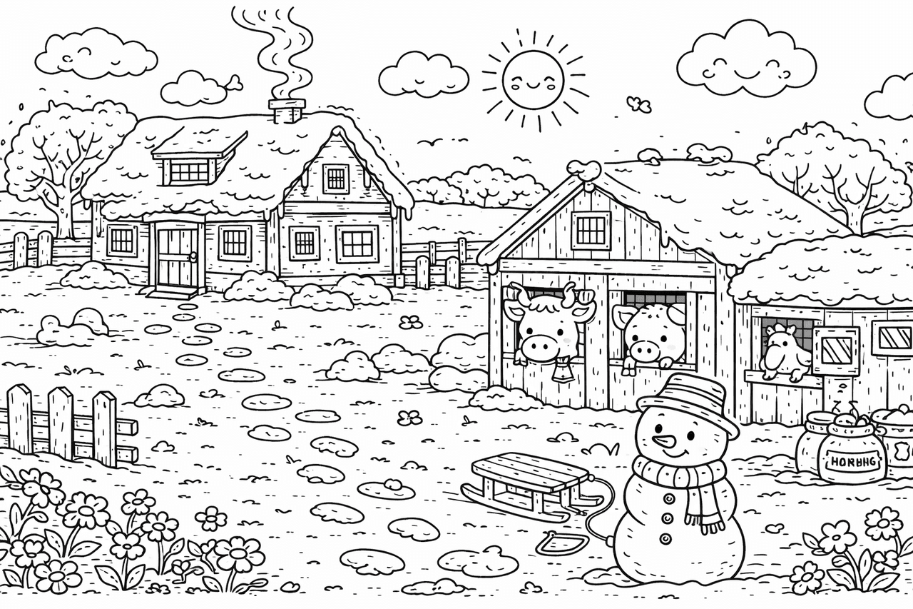 Winter Bauernhof im Schnee - Ausmalbild