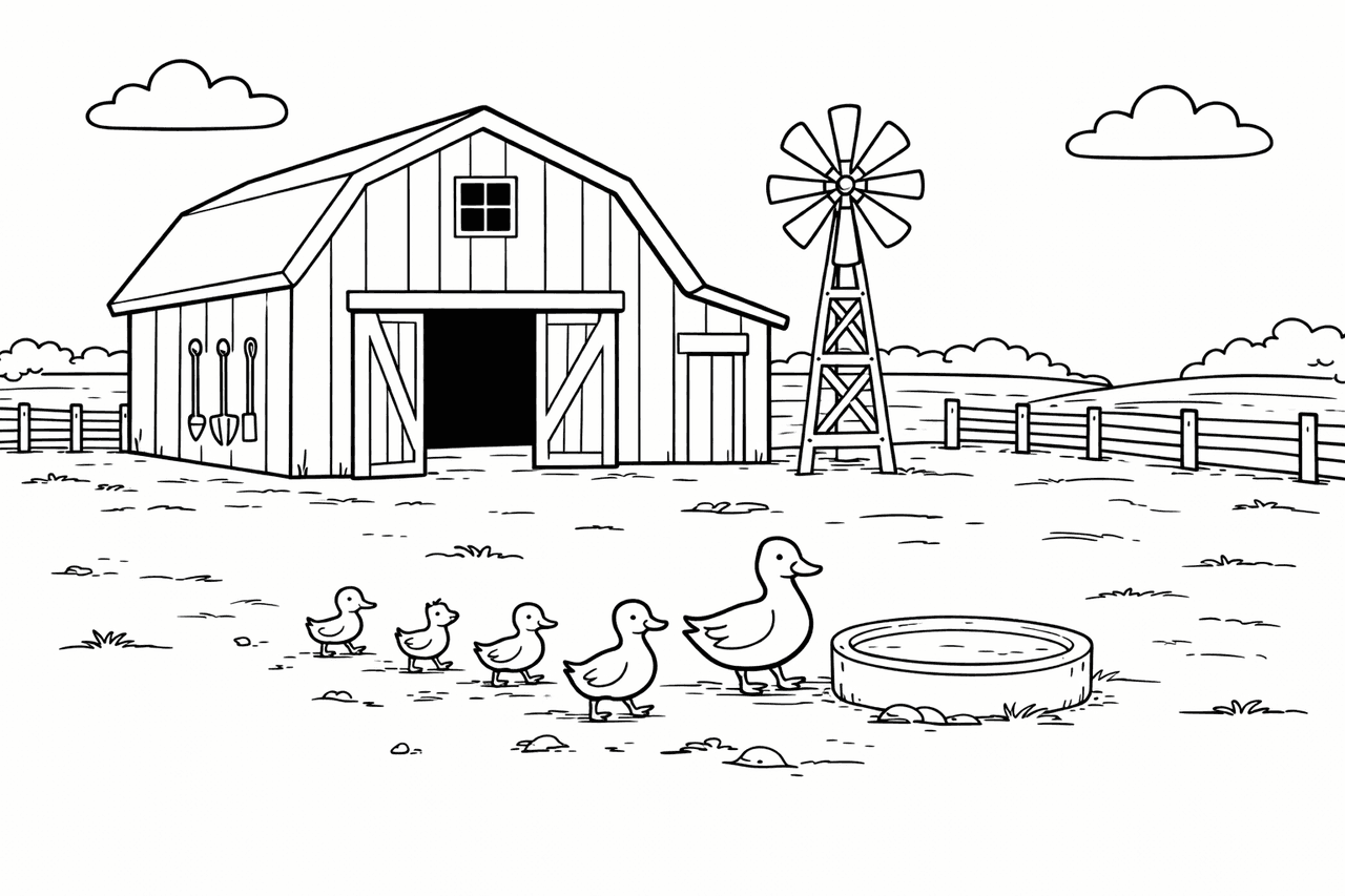 Bauernhof mit Enten und Windmühle - Ausmalbild