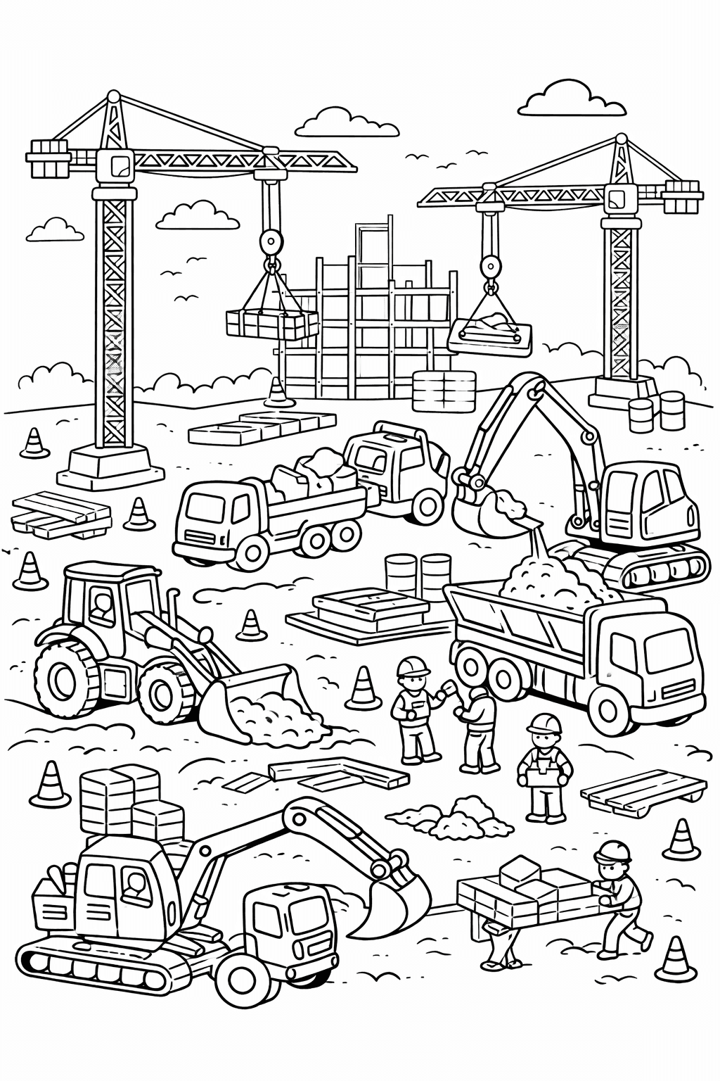 Bauplatz mit Kränen - Ausmalbild