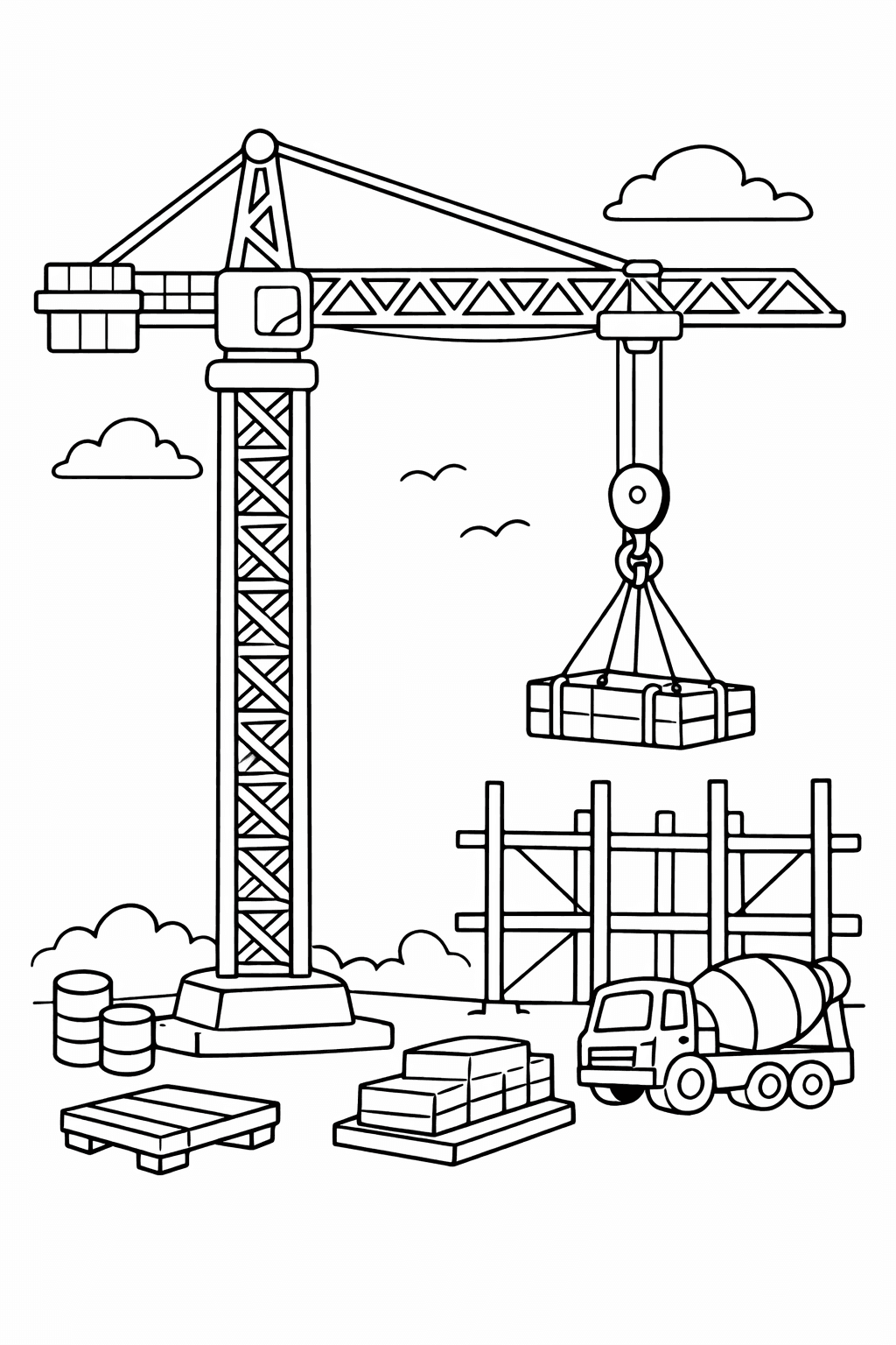 Baustelle mit Kran - Ausmalbild