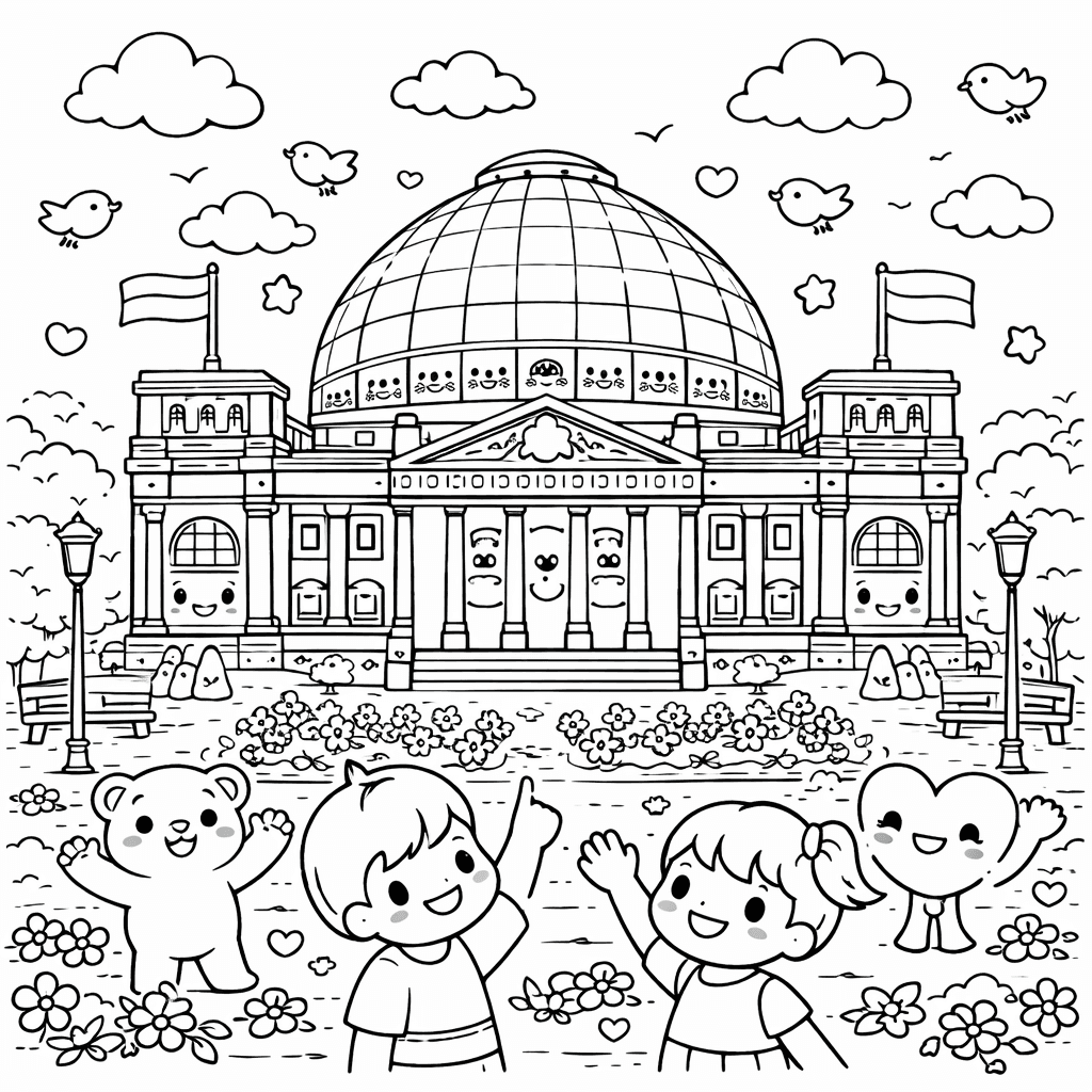 Kinder vor klassischem Berliner Gebäude - Ausmalbild