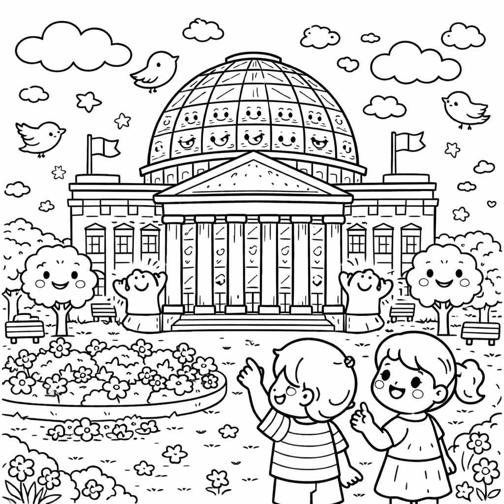 Park vor neoklassischem Gebäude - Ausmalbild