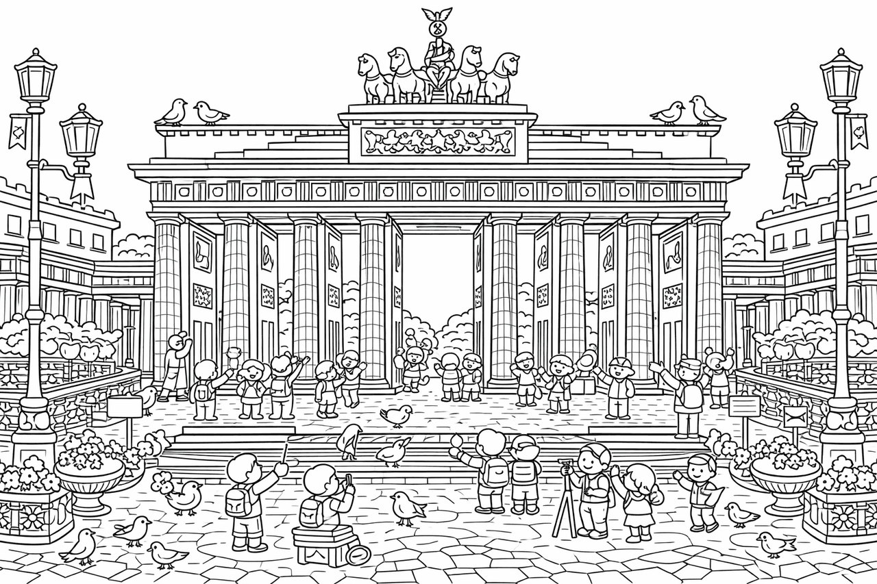 Wimmelbild: Brandenburger Tor Kawaii - Ausmalbild