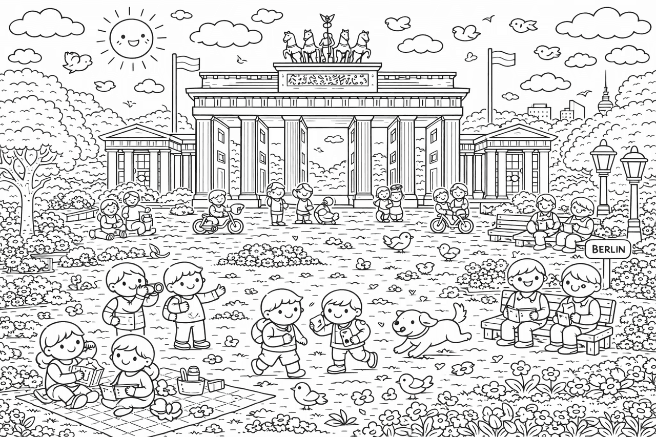 Wimmelbild: Brandenburger Tor im Park - Ausmalbild