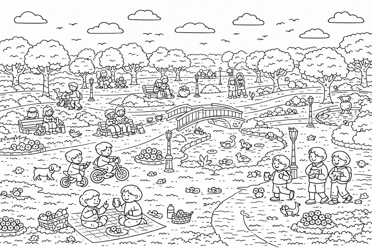 Wimmelbild: Sonniger Tag im Berliner Park - Ausmalbild