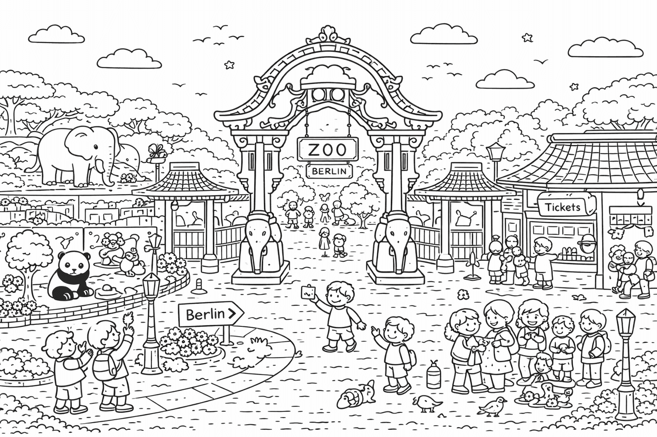 Wimmelbild: Berliner Zoo Eingang - Ausmalbild