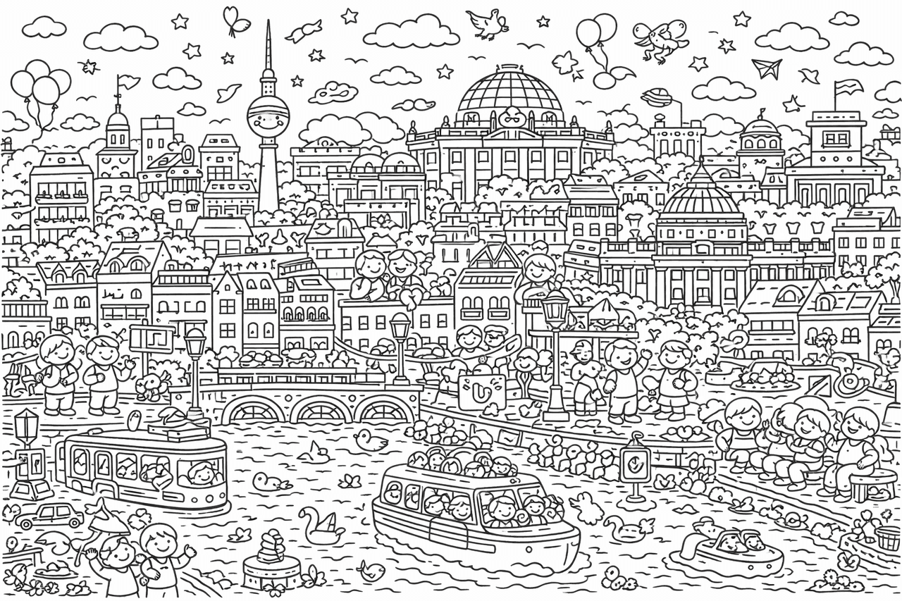 Wimmelbild: Kawaii Berlin Linienstil - Ausmalbild