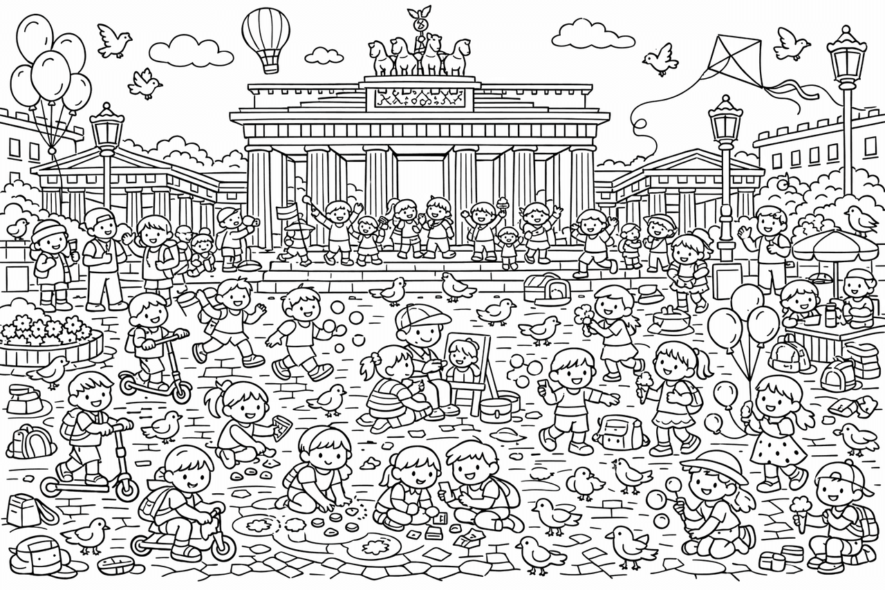 Wimmelbild: Leben am Brandenburger Tor - Ausmalbild