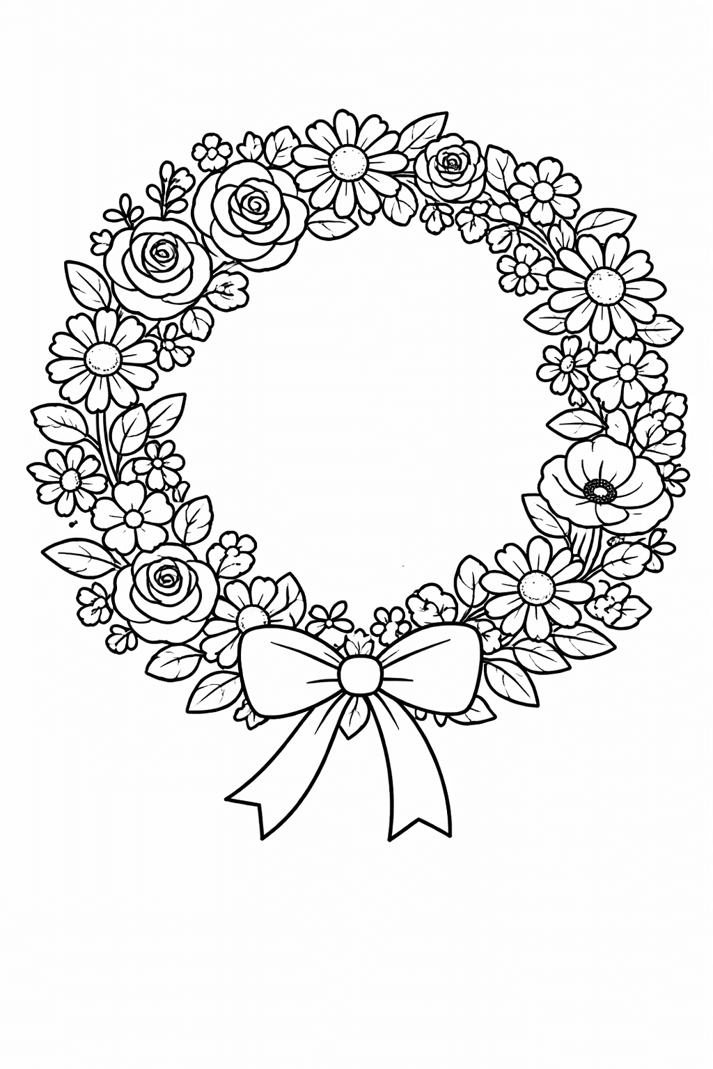 Blumenkreis mit Schleife - Ausmalbild