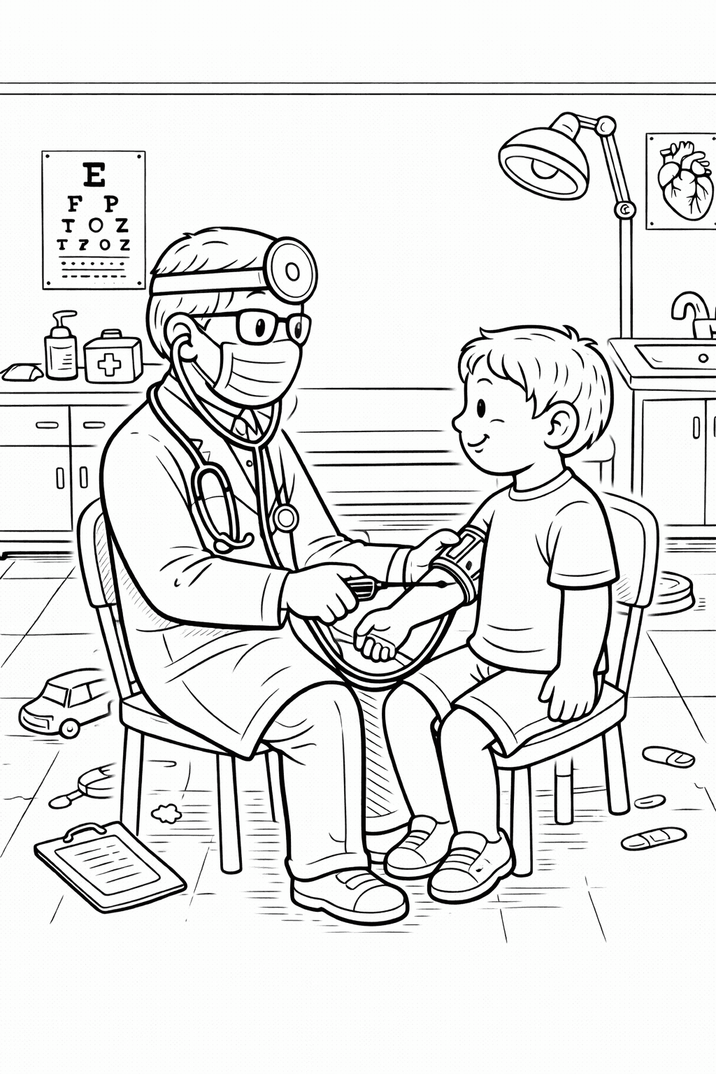 Blutdruckmessung beim Kinderarzt - Ausmalbild