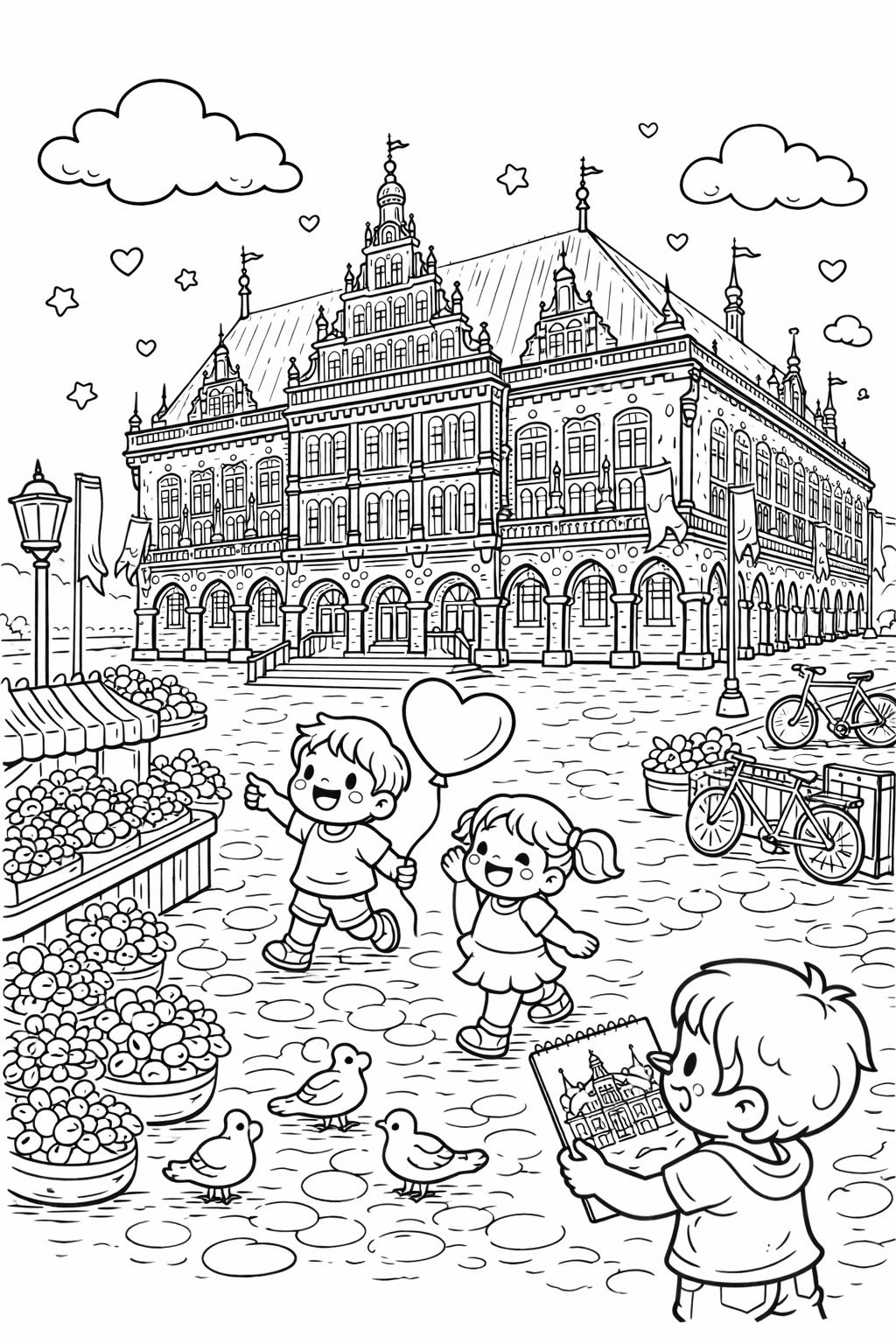 Bremens Rathaus und Marktplatz im Frühling - Ausmalbild