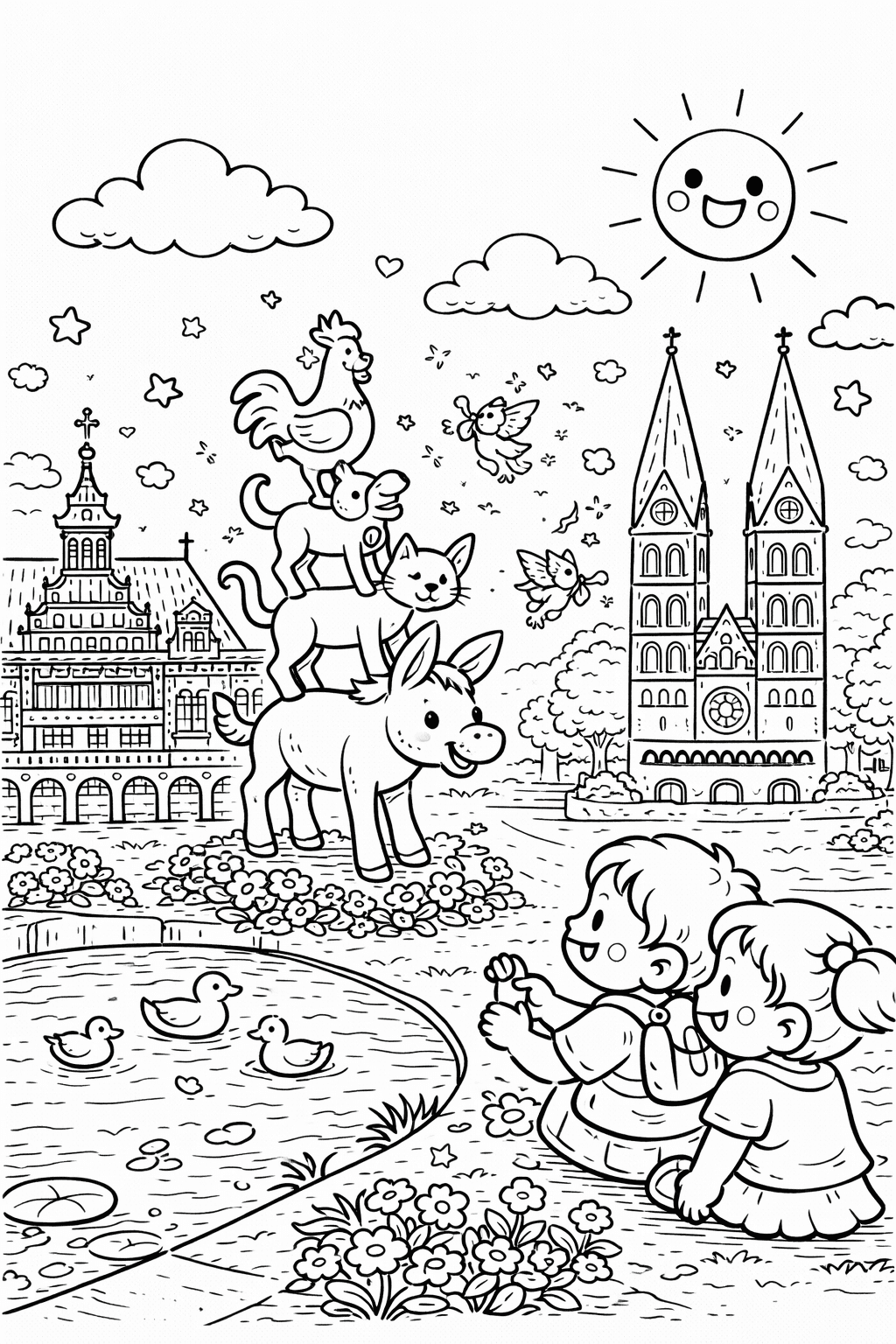 Die Bremer Stadtmusikanten im Märchenland - Ausmalbild