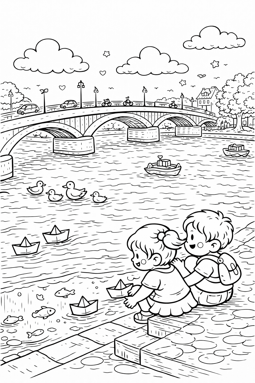 Kinder am Fluss mit Papierbooten - Ausmalbild