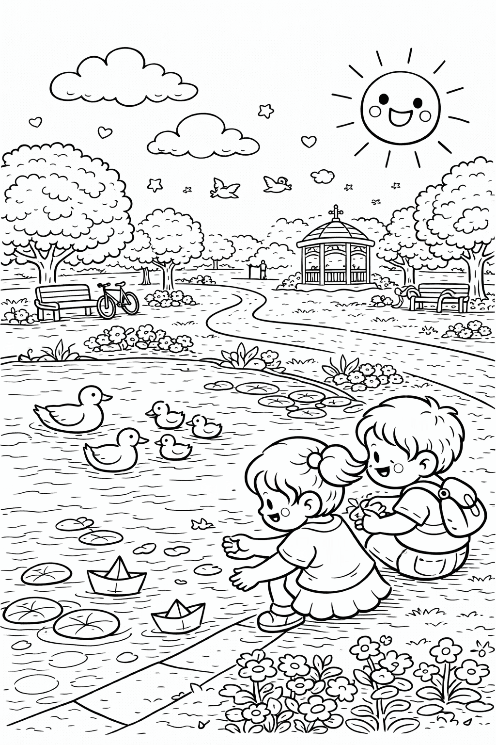 Kinder füttern Enten im Bürgerpark - Ausmalbild