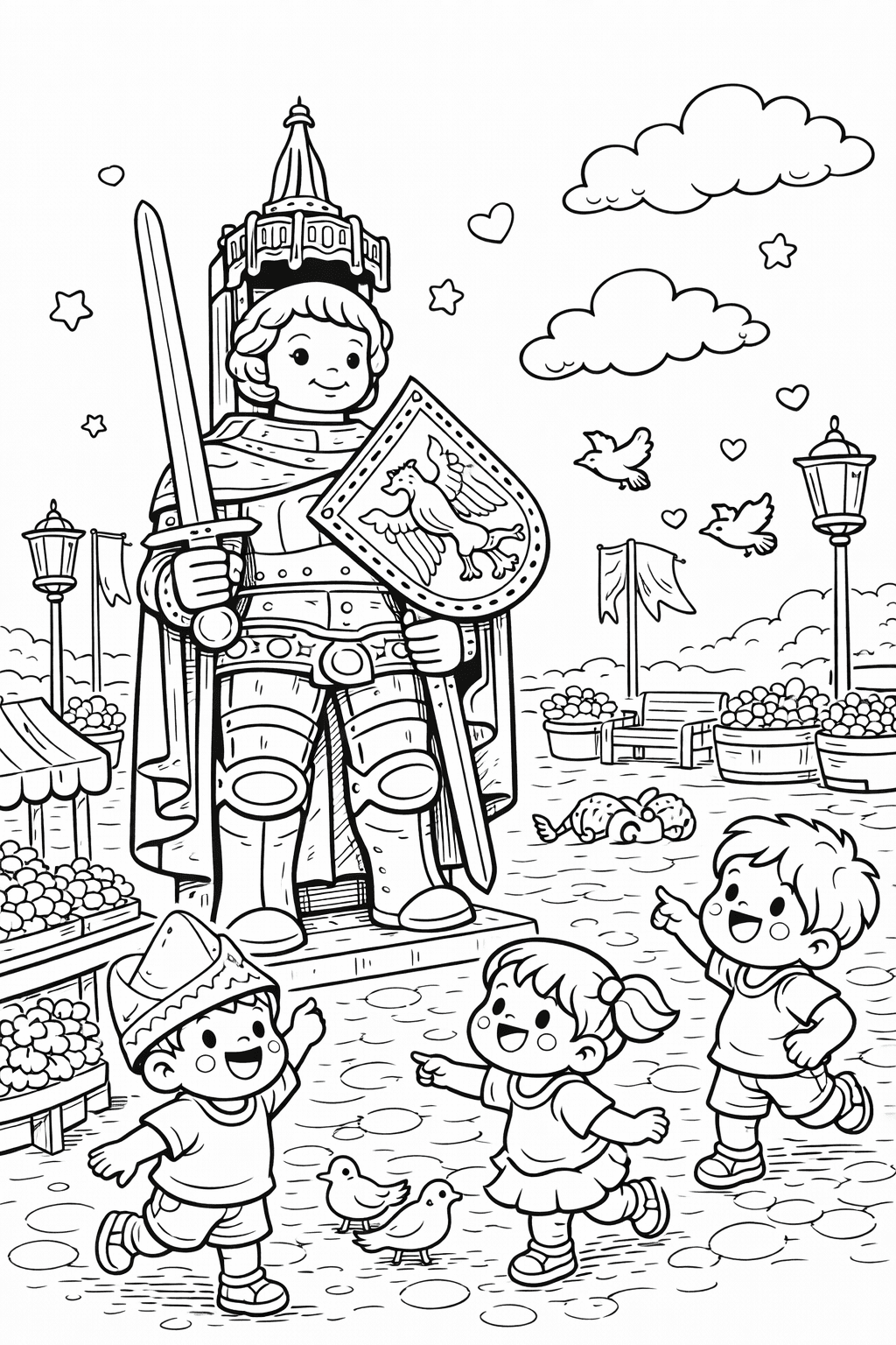 Roland Statue im bunten Markt - Ausmalbild