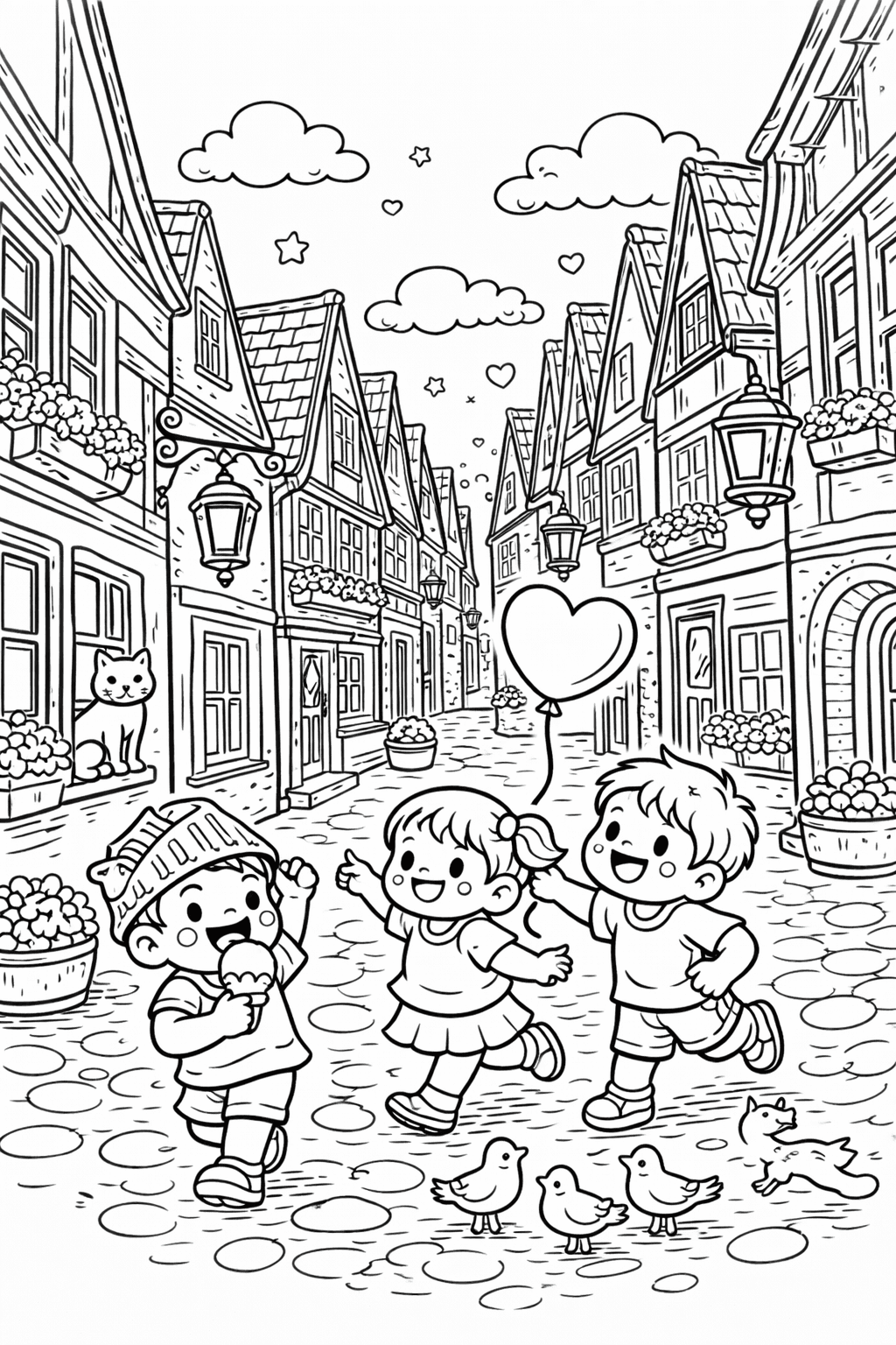 Schnoorviertel Kinder auf einer Straßenszene - Ausmalbild