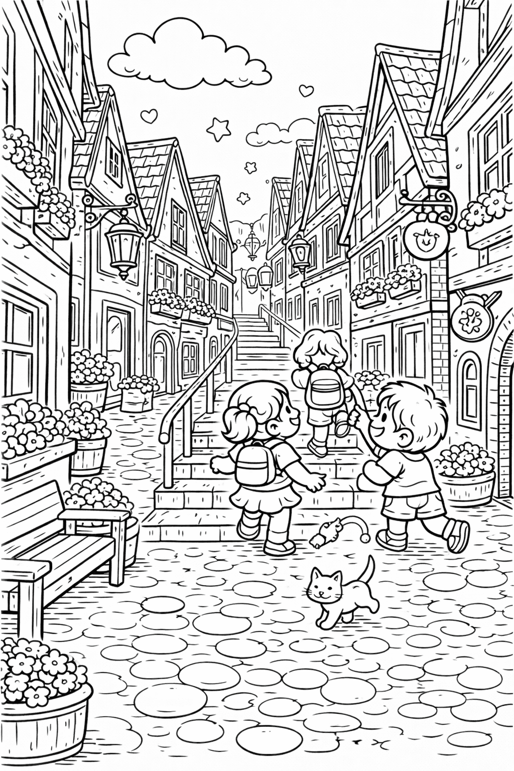 Schnoorviertel Kinder im Altstadtgässchen - Ausmalbild