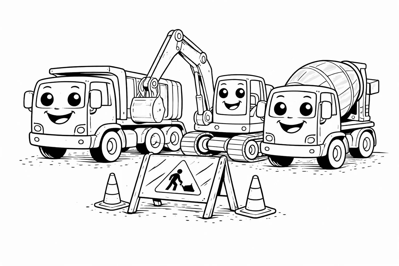 Bunte Baustellenfreunde in Aktion - Ausmalbild