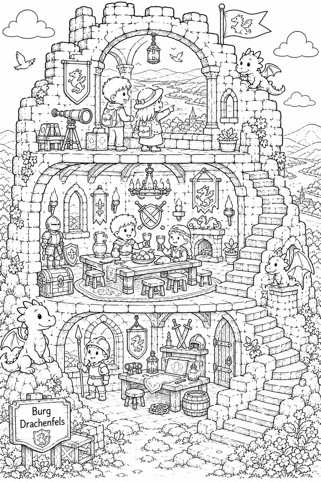 Burg Drachenfels Ruinenräume - Ausmalbild
