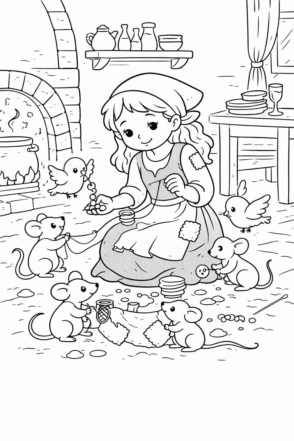 Cinderella mit ihren treuen Helfern - Ausmalbild