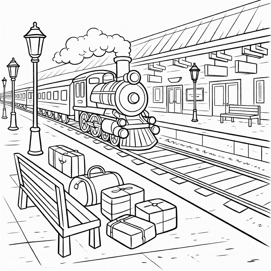 Dampflok am alten Bahnhof - Ausmalbild