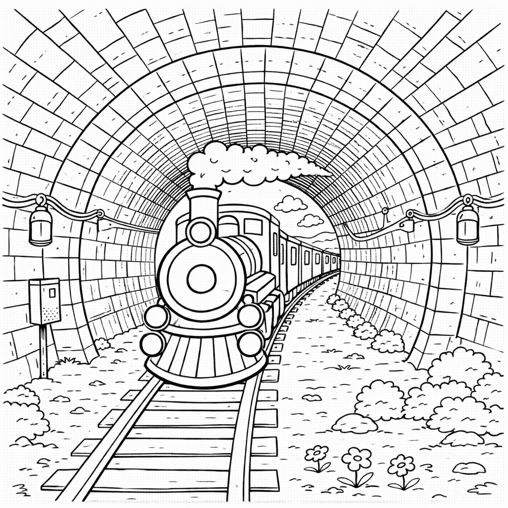 Dampflok kommt aus Tunnel - Ausmalbild