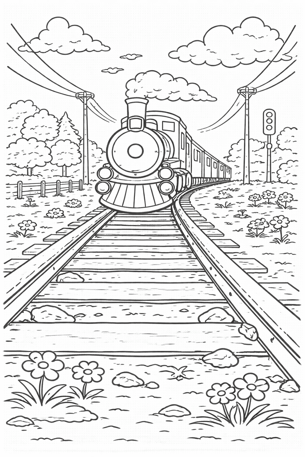 Dampflok auf dem Gleis - Ausmalbild